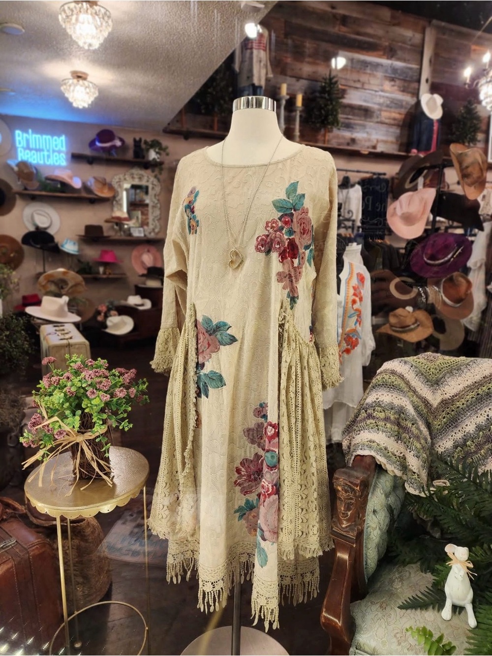 Cream Lace Midi Dress with Pink Floral Embroidery